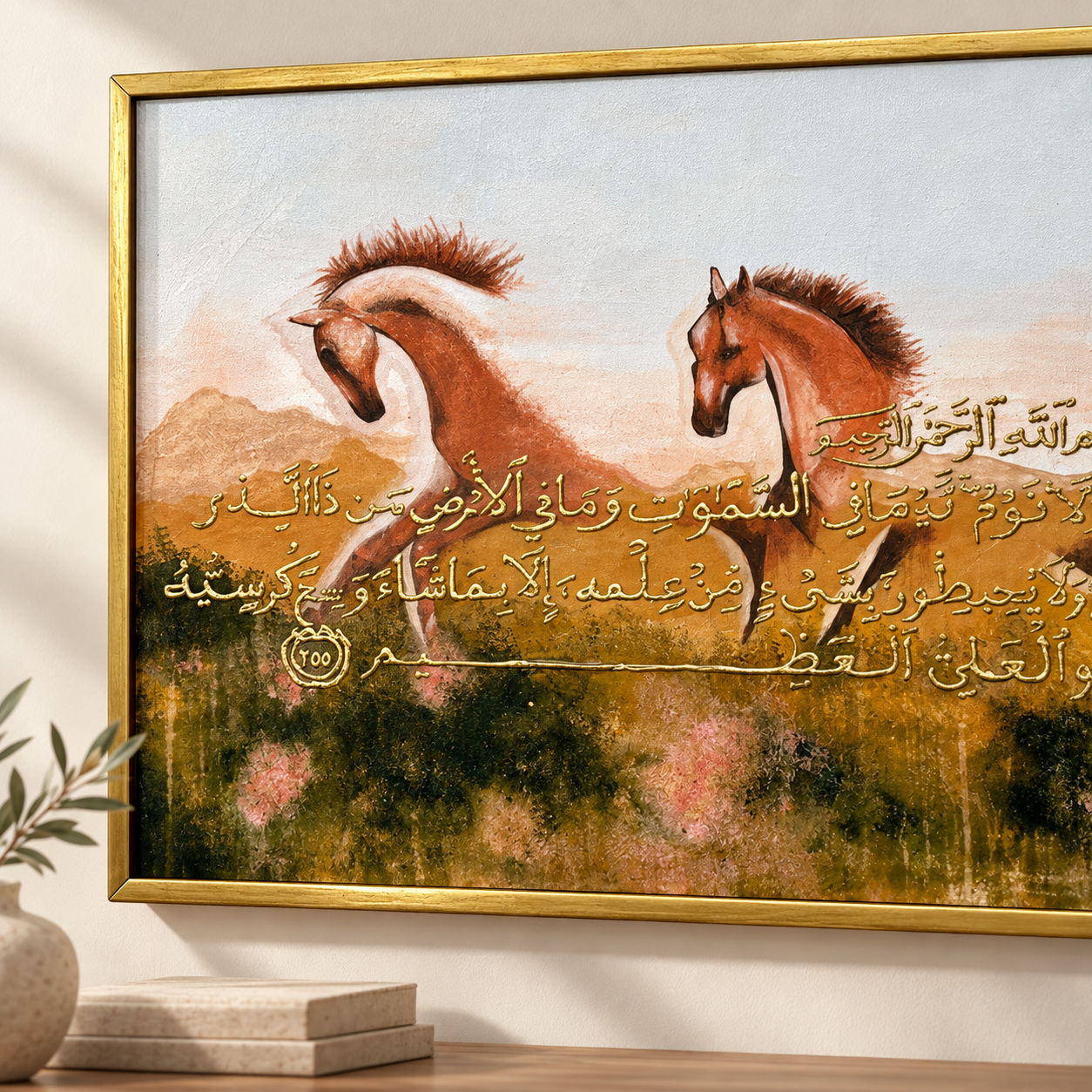 Majestic Horses & Ayat Al-Kursi – Œuvre d’Art Peinte à la Main avec Calligraphie 3D — vue 4