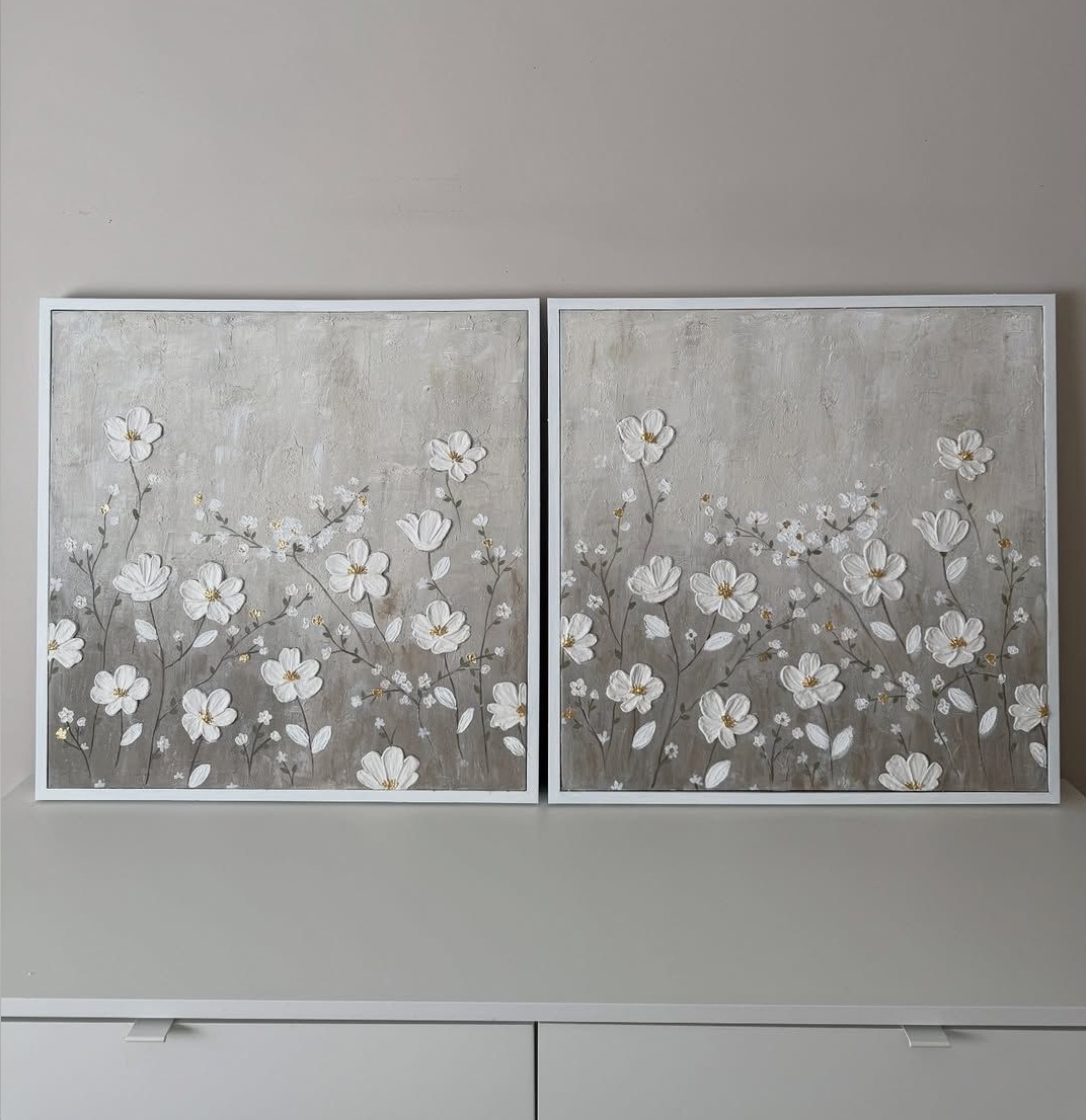 Duo Floral en Relief 3D – Tableau 100% Fait Main
