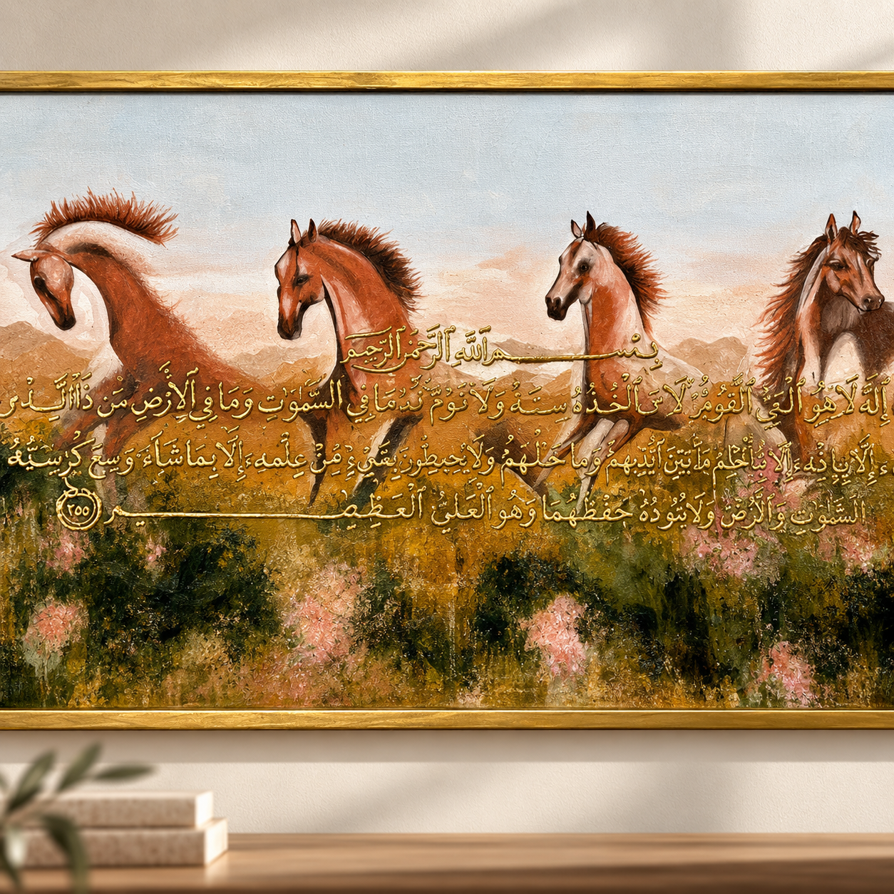 Majestic Horses & Ayat Al-Kursi – Œuvre d’Art Peinte à la Main avec Calligraphie 3D — vue 3